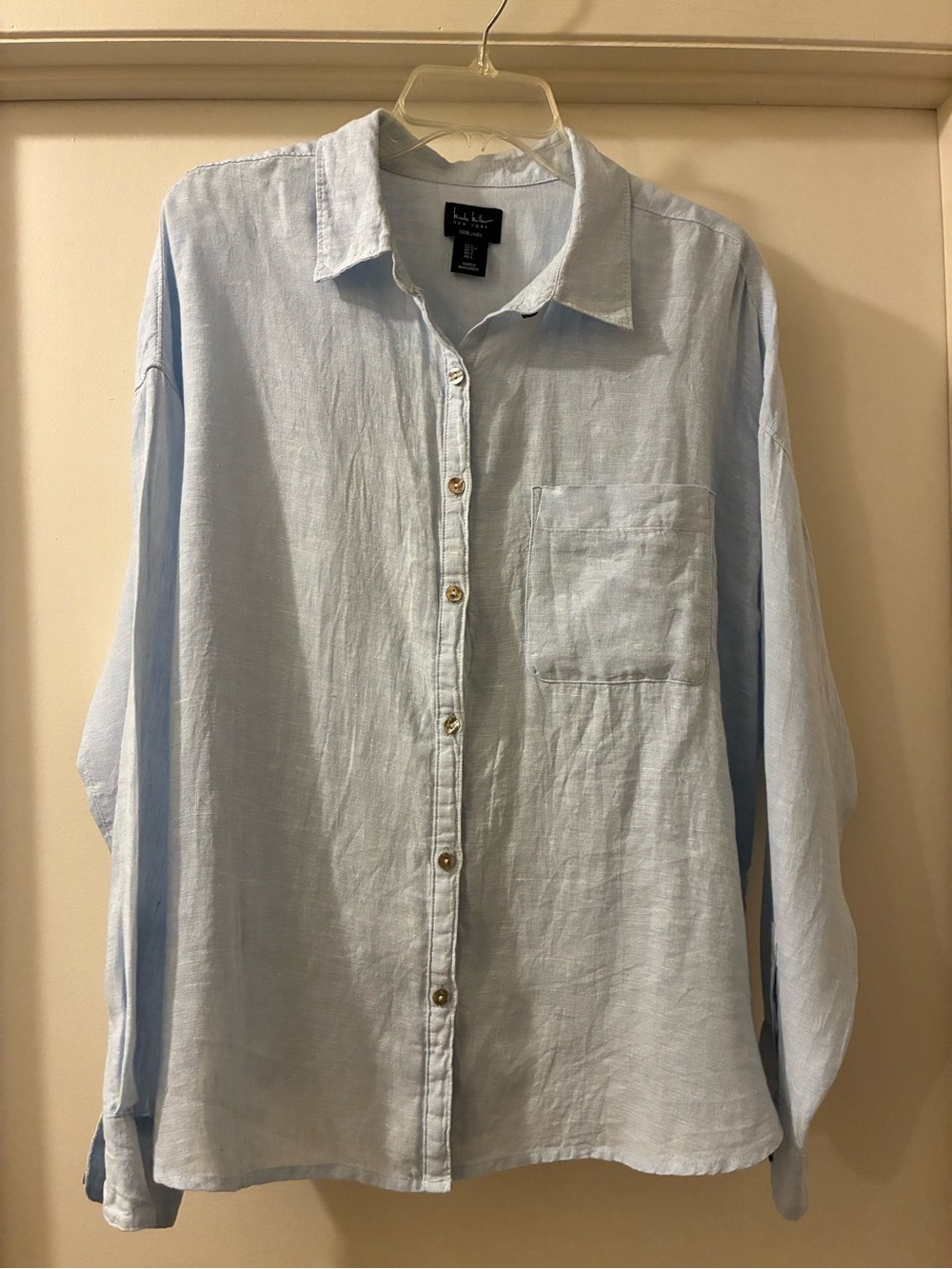 Nicole Miller NY 100% Linen Button Down Shirt L Light Blue Long Sleeve